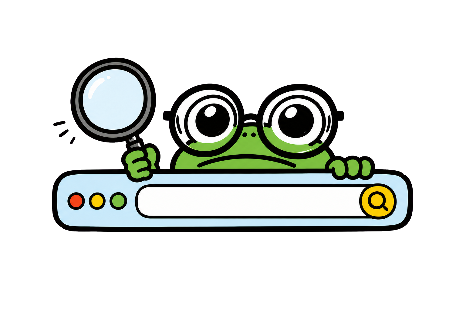 BrowserGeek frog mascot peeking over a browser search bar with a magnifying glass.